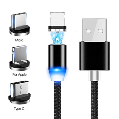 Wholesale 1M Long Nylon Braided Mobile Phone Quick Charge 3 in 1 Magnetic LED USB Cable