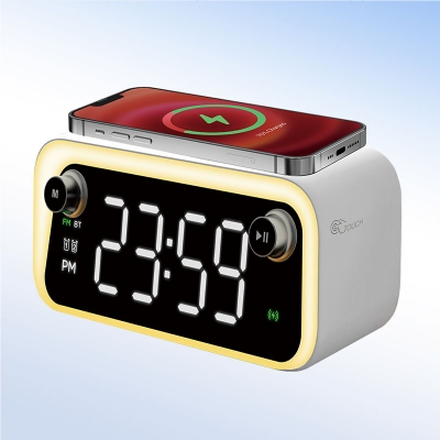 15W fast charging multifunctional LED display digital alarm clock wireless charger with Bluetooth and radio speaker effect